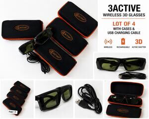 3Active Wireless 3D Glasses Lot of 4 w Cases USB Charging Cable Tested